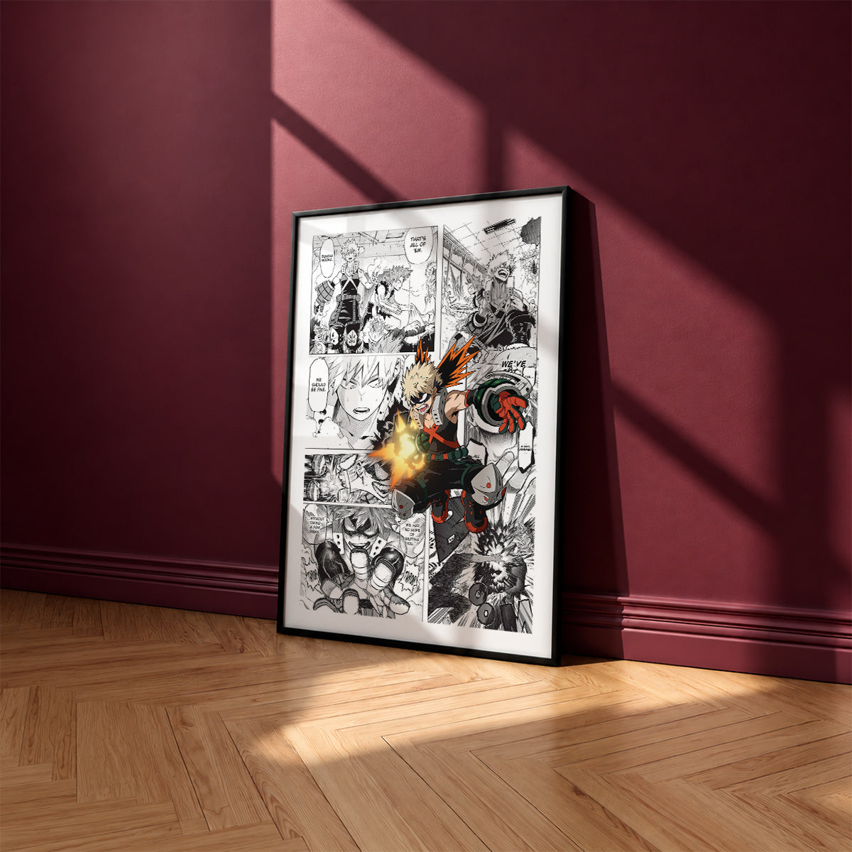 Katsuki Bakugo manga poster inspired by My Hero Academia in a black frame against a burgundy wall
