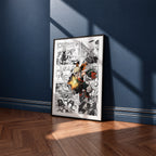 Katsuki Bakugo manga poster inspired by My Hero Academia in a black frame against a navy blue wall