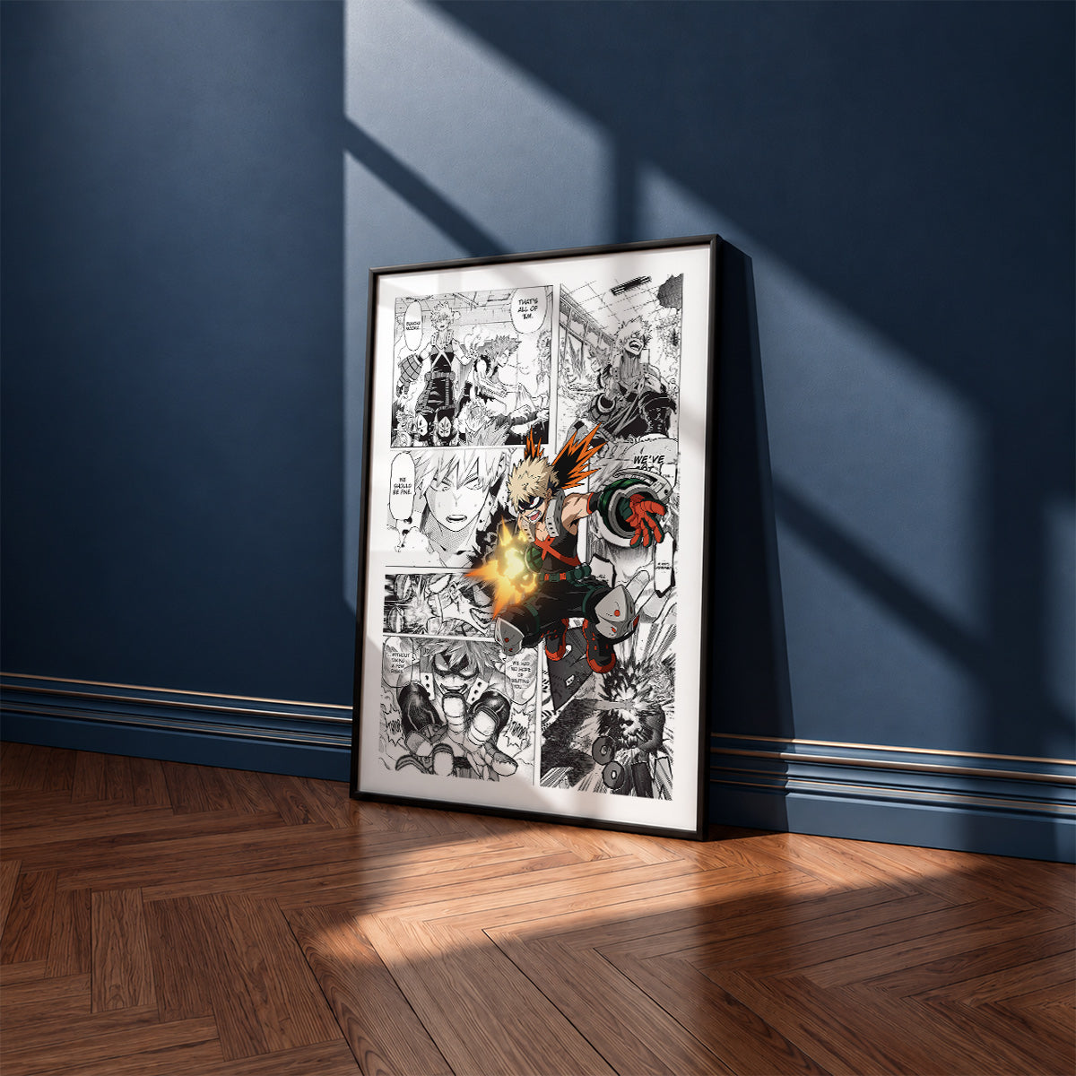 Katsuki Bakugo manga poster inspired by My Hero Academia in a black frame against a navy blue wall