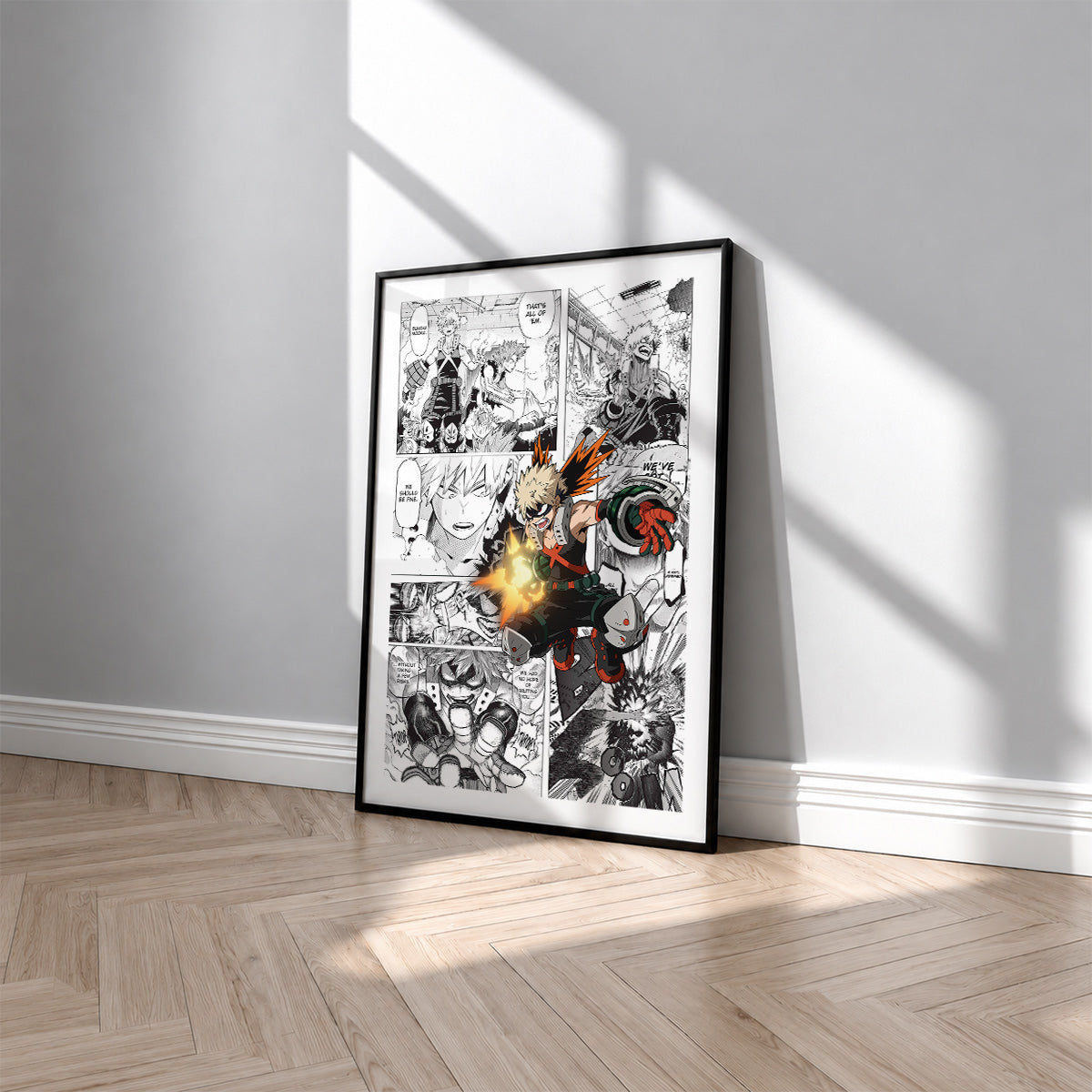 Katsuki Bakugo manga poster inspired by My Hero Academia in a black frame against a light gray wall