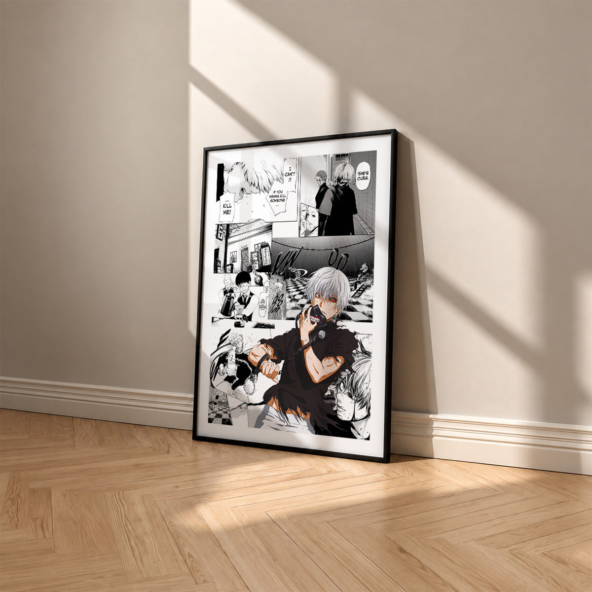 Ken Kaneki manga poster inspired by Tokyo Ghoul in a black frame against a warm beige wall