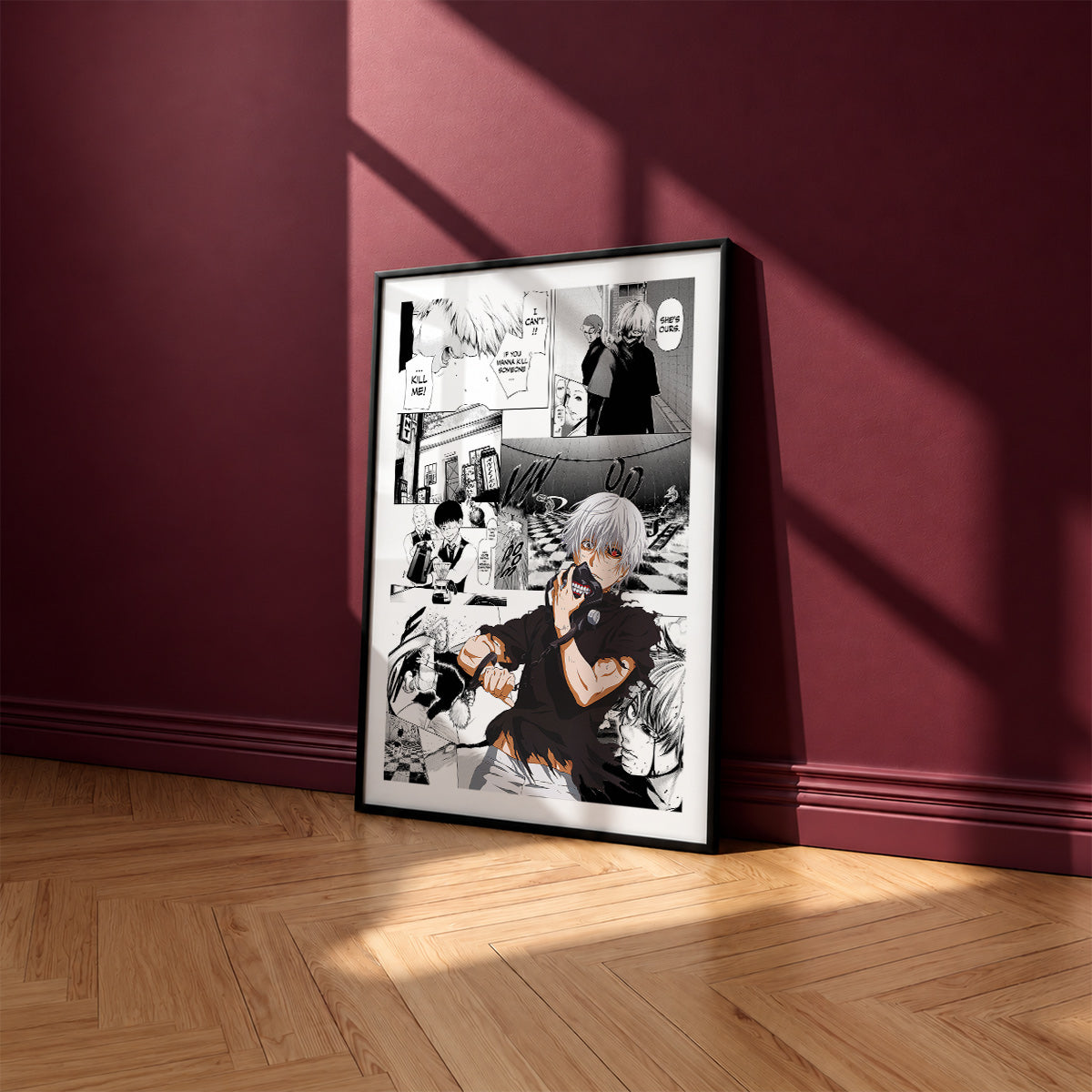 Ken Kaneki manga poster inspired by Tokyo Ghoul in a black frame against a burgundy wall
