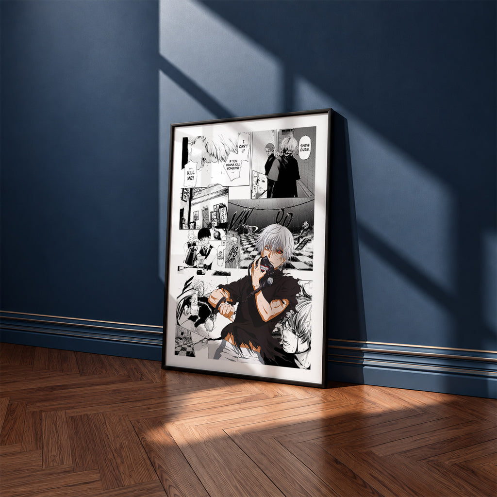 Ken Kaneki manga poster inspired by Tokyo Ghoul in a black frame against a navy blue wall