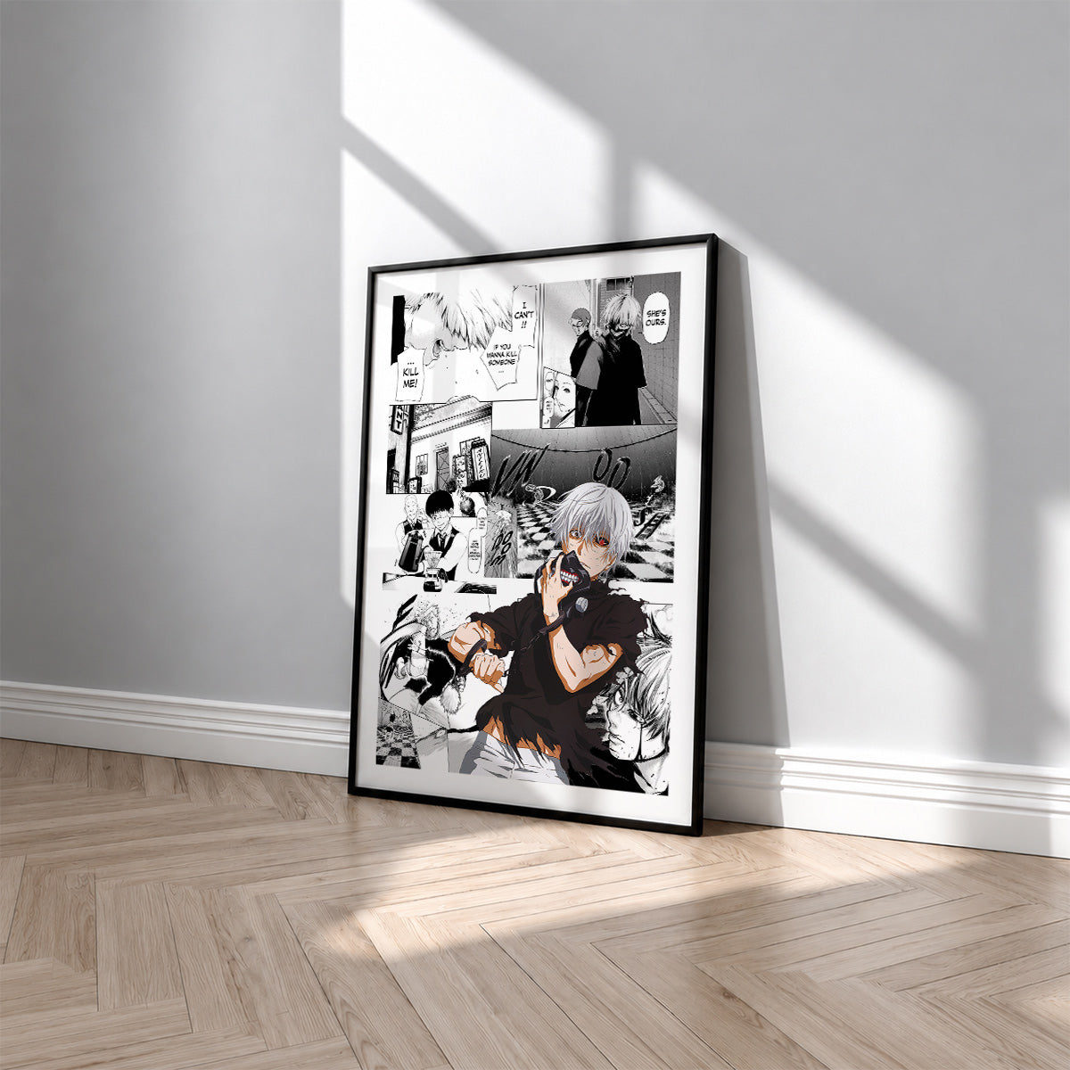 Ken Kaneki manga poster inspired by Tokyo Ghoul in a black frame against a light gray wall