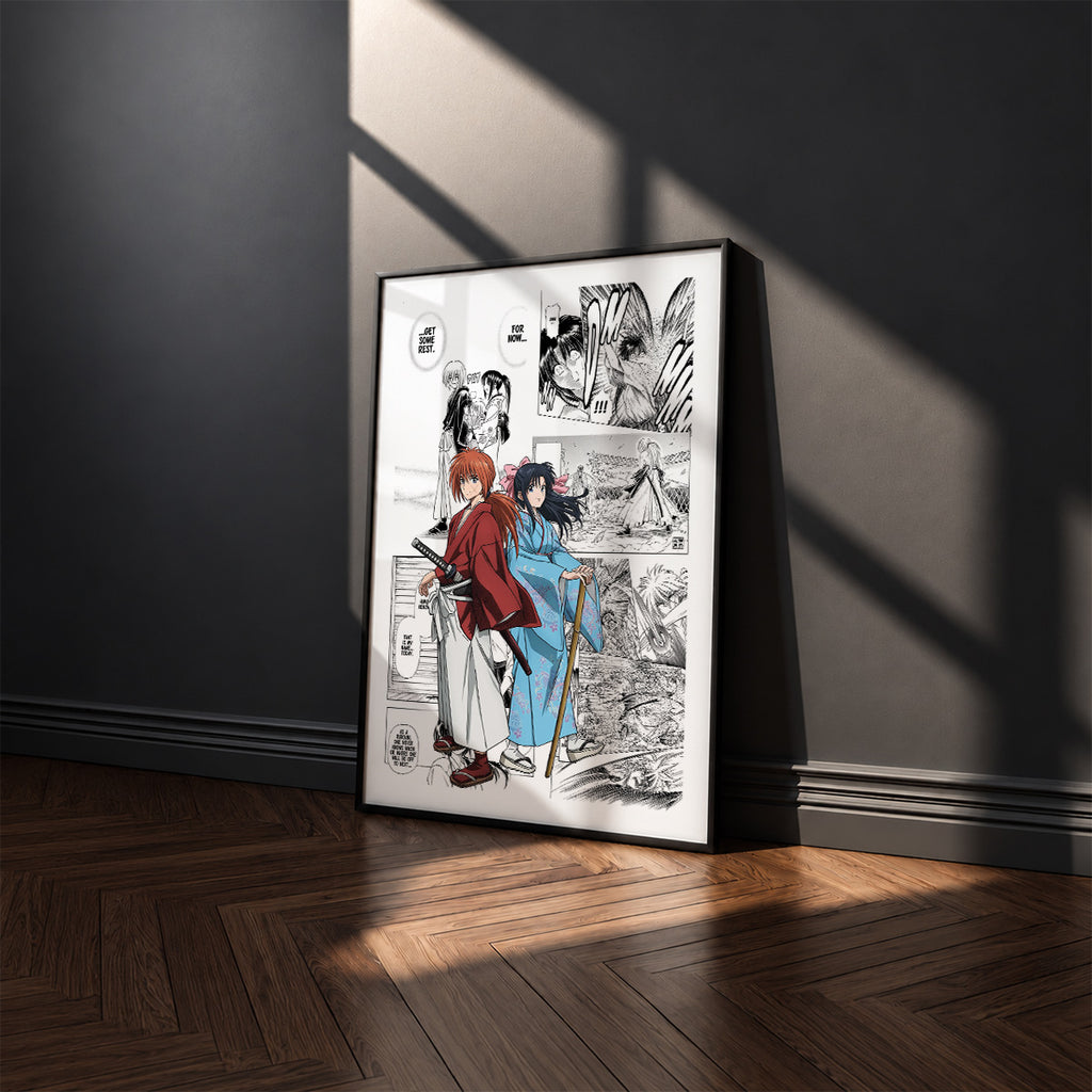 Kenshin Himura manga poster inspired by Rurouni Kenshin in a black frame against a charcoal gray wall