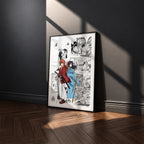 Kenshin Himura manga poster inspired by Rurouni Kenshin in a black frame against a charcoal gray wall