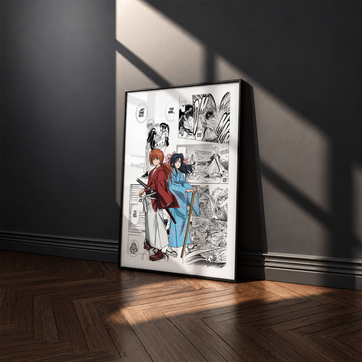 Kenshin Himura manga poster inspired by Rurouni Kenshin in a black frame against a charcoal gray wall