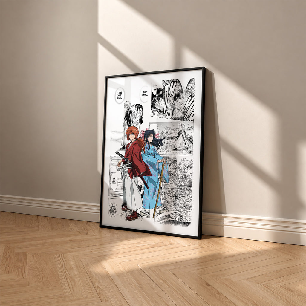 Kenshin Himura manga poster inspired by Rurouni Kenshin in a black frame against a warm beige wall