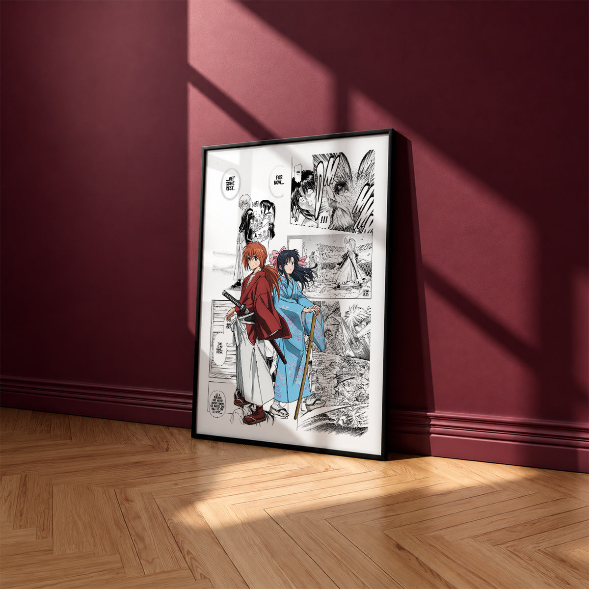 Kenshin Himura manga poster inspired by Rurouni Kenshin in a black frame against a burgundy wall