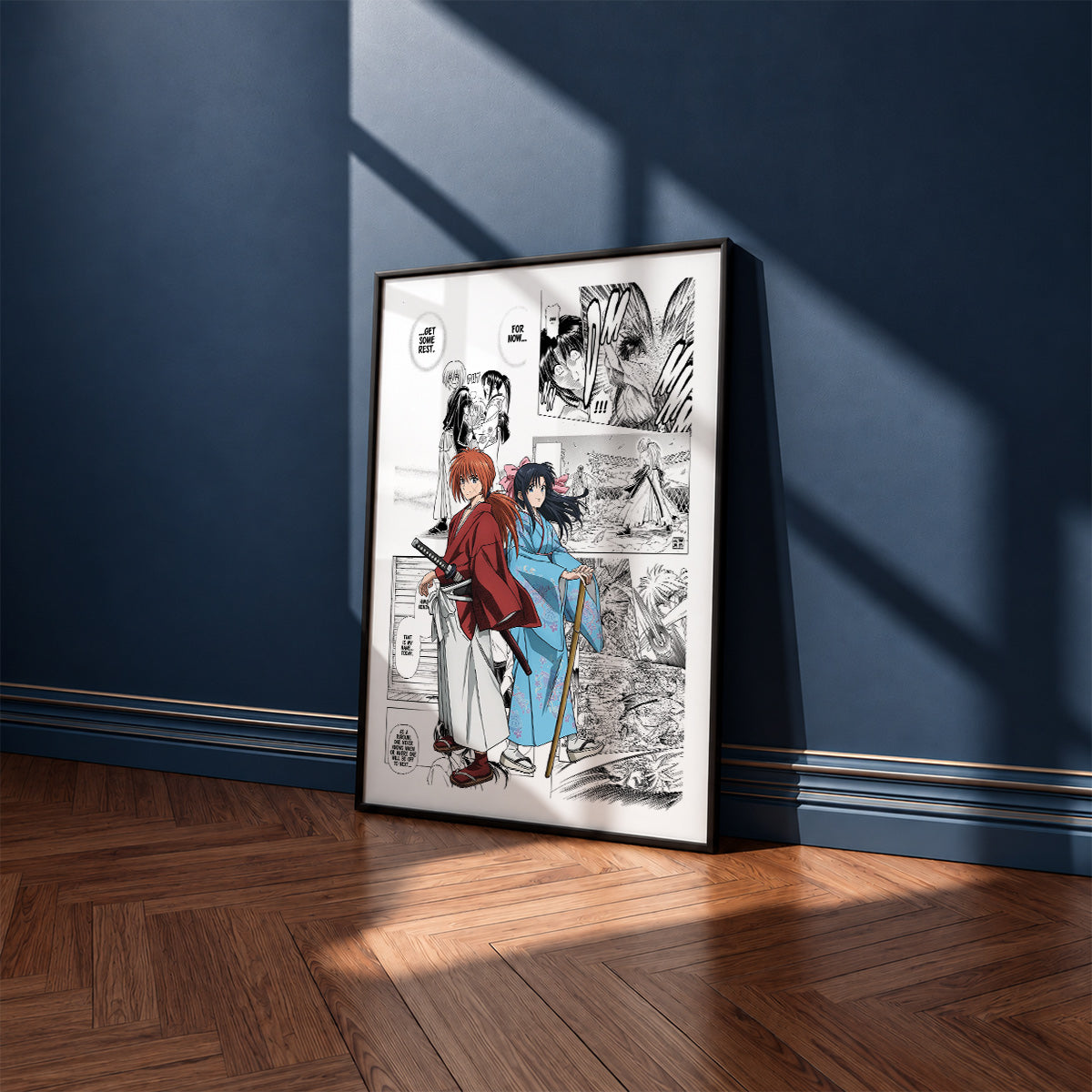 Kenshin Himura manga poster inspired by Rurouni Kenshin in a black frame against a navy blue wall