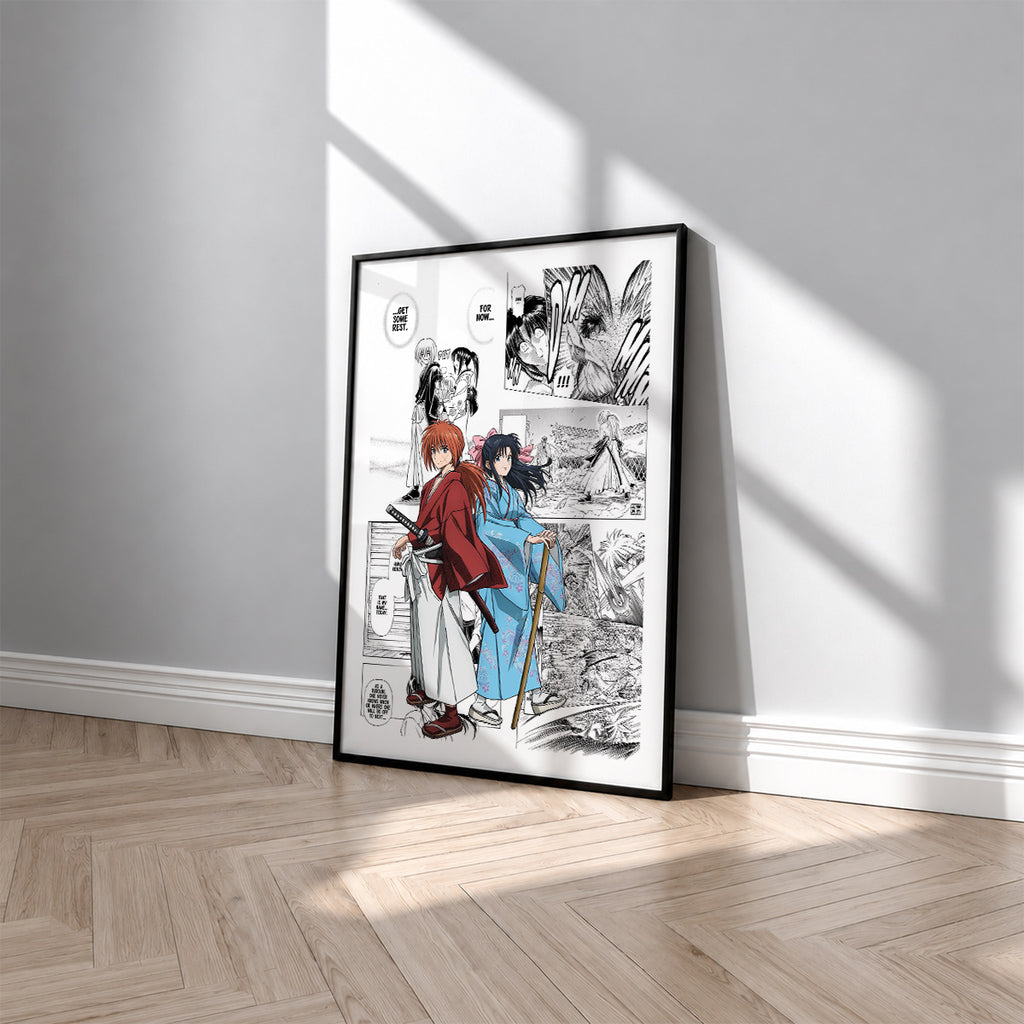Kenshin Himura manga poster inspired by Rurouni Kenshin in a black frame against a light gray wall