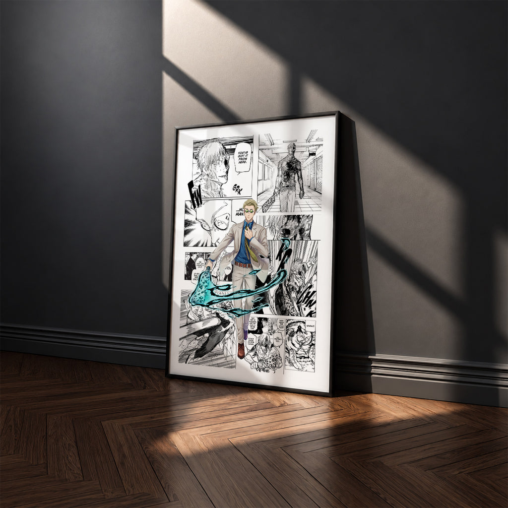 Kento Nanami manga poster inspired by Jujutsu Kaisen in a black frame against a charcoal gray wall