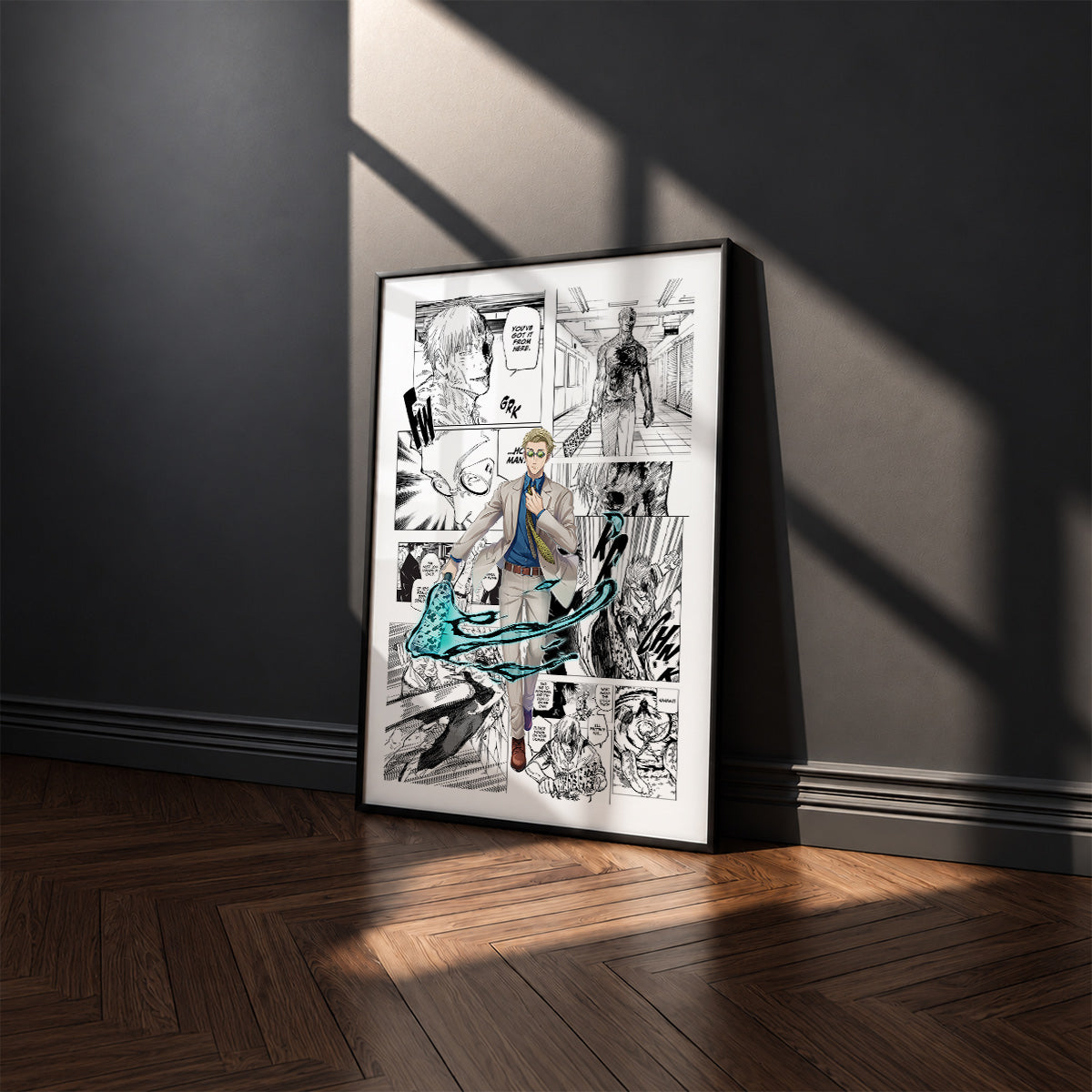 Kento Nanami manga poster inspired by Jujutsu Kaisen in a black frame against a charcoal gray wall