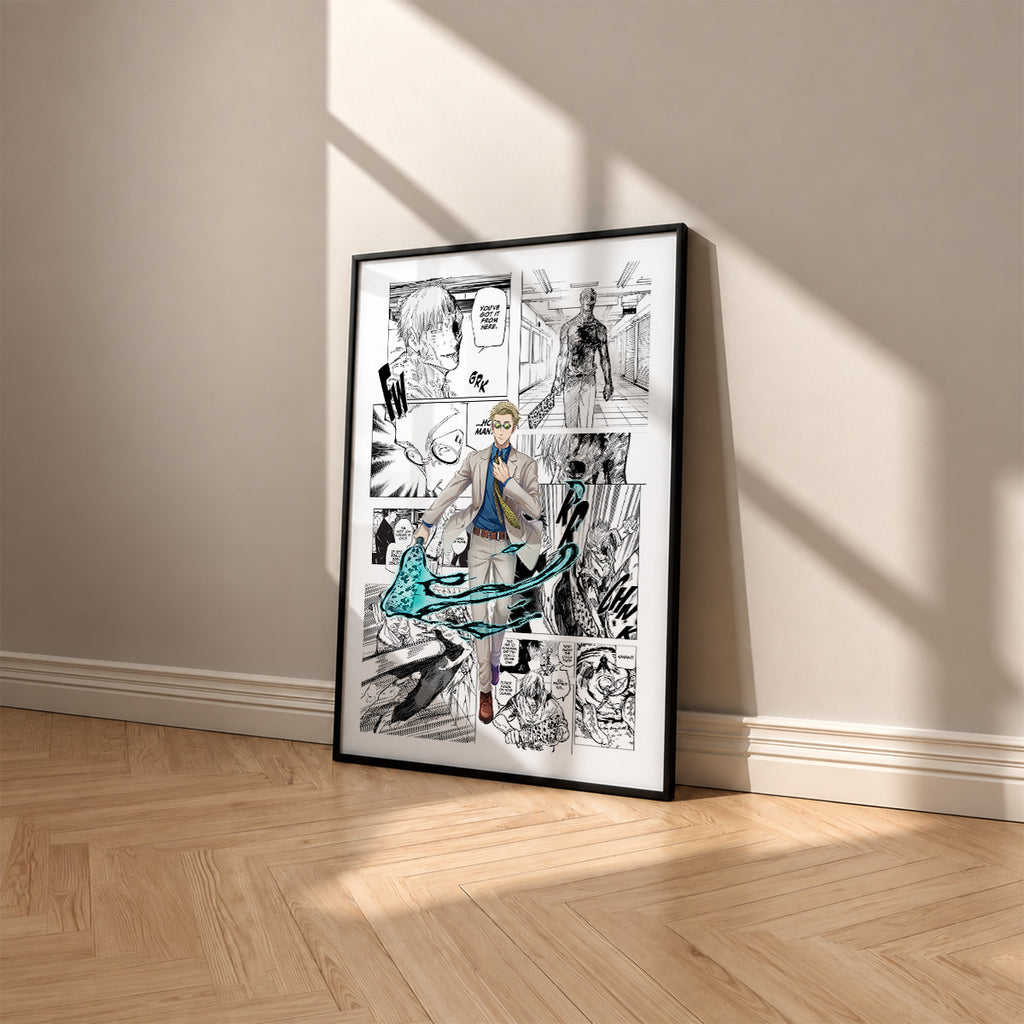 Kento Nanami manga poster inspired by Jujutsu Kaisen in a black frame against a warm beige wall