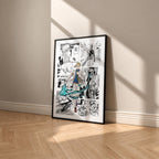 Kento Nanami manga poster inspired by Jujutsu Kaisen in a black frame against a warm beige wall