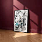 Kento Nanami manga poster inspired by Jujutsu Kaisen in a black frame against a burgundy wall