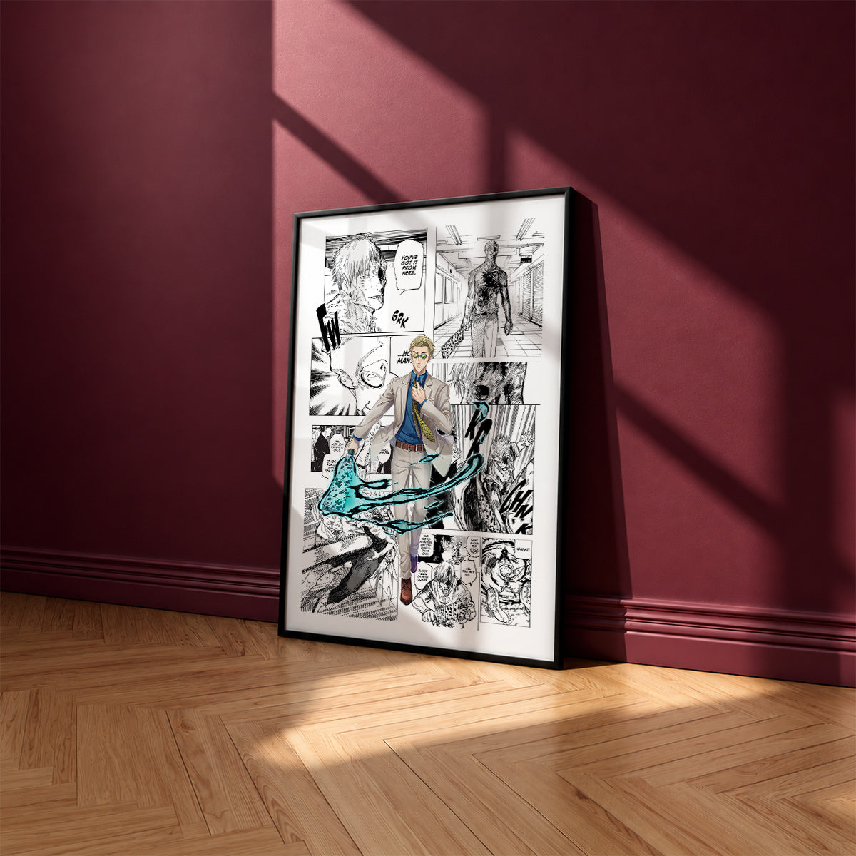 Kento Nanami manga poster inspired by Jujutsu Kaisen in a black frame against a burgundy wall