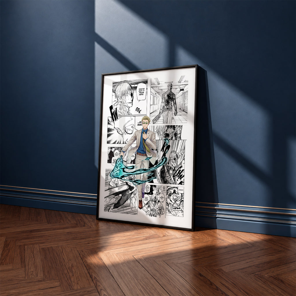 Kento Nanami manga poster inspired by Jujutsu Kaisen in a black frame against a navy blue wall