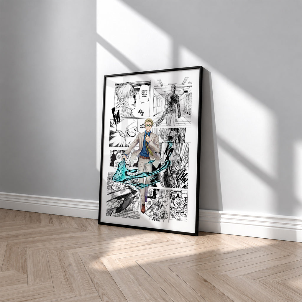 Kento Nanami manga poster inspired by Jujutsu Kaisen in a black frame against a light gray wall