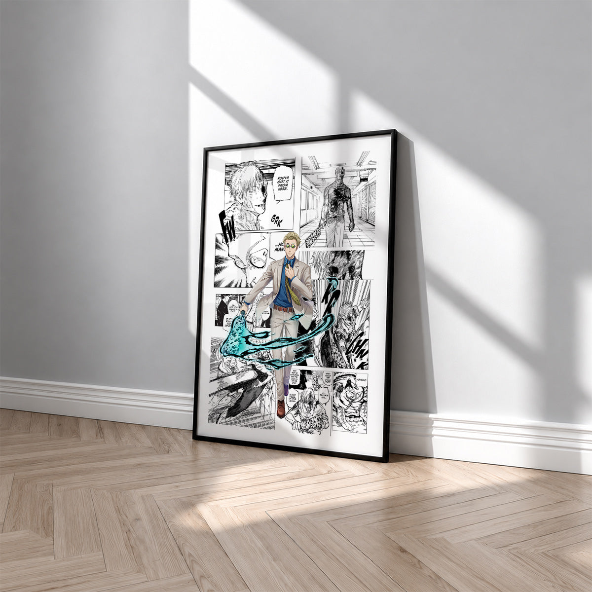 Kento Nanami manga poster inspired by Jujutsu Kaisen in a black frame against a light gray wall