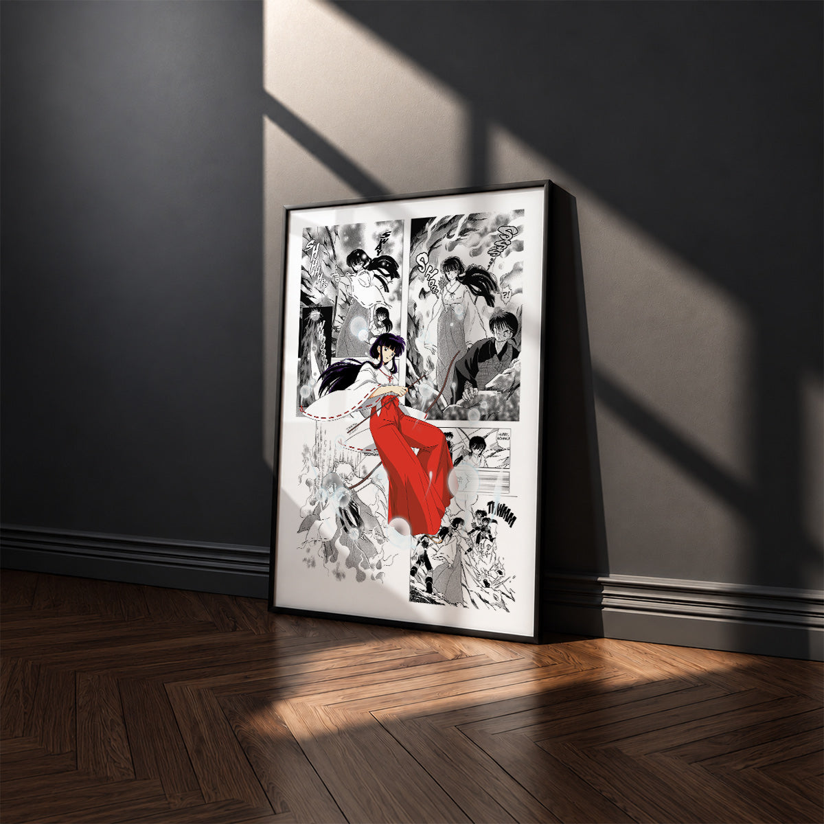Kikyo manga poster inspired by Inuyasha in a black frame against a charcoal gray wall