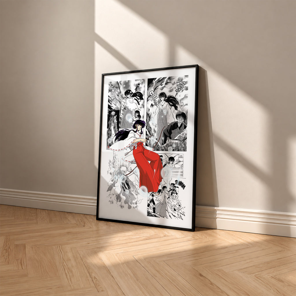 Kikyo manga poster inspired by Inuyasha in a black frame against a warm beige wall