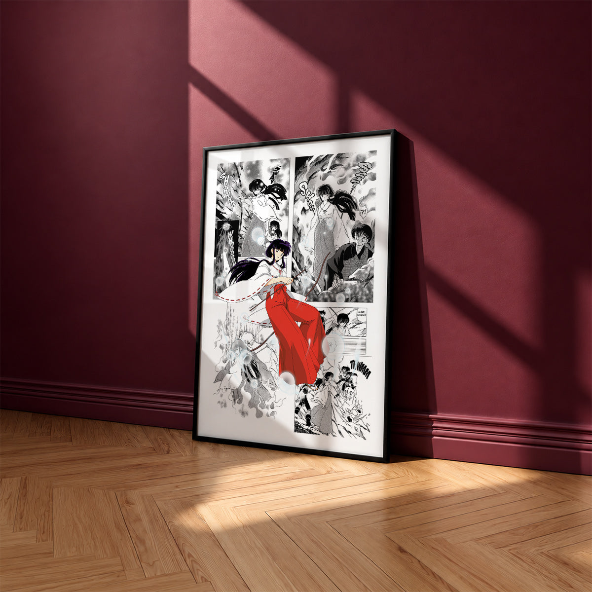 Kikyo manga poster inspired by Inuyasha in a black frame against a burgundy wall