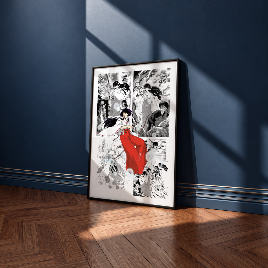 Kikyo manga poster inspired by Inuyasha in a black frame against a navy blue wall