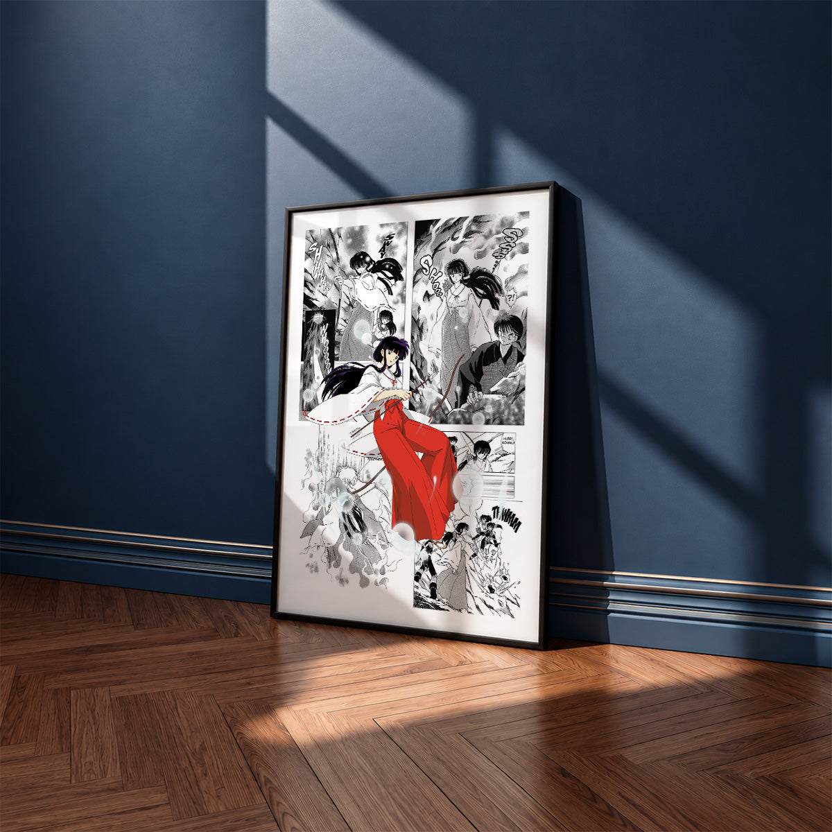 Kikyo manga poster inspired by Inuyasha in a black frame against a navy blue wall