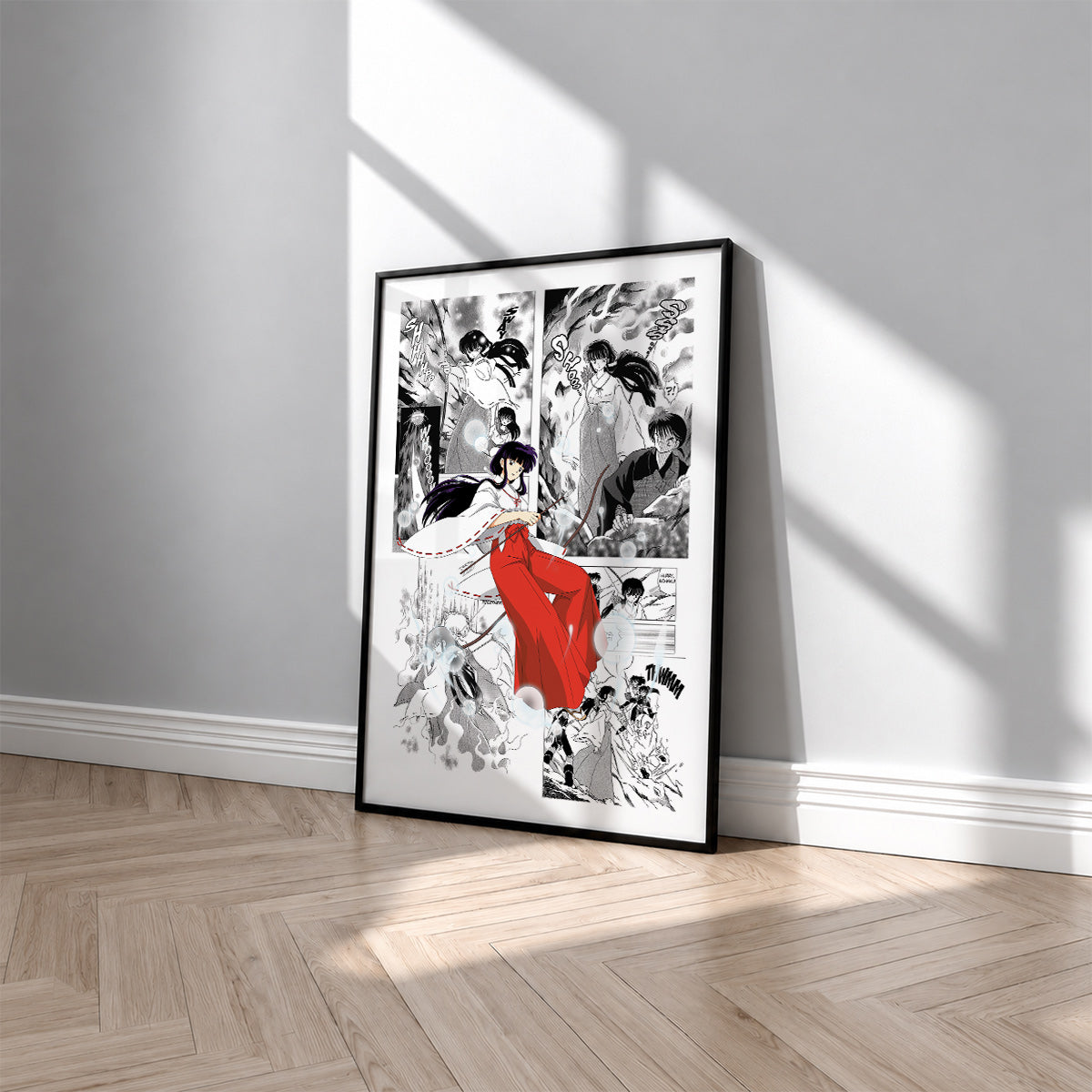 Kikyo manga poster inspired by Inuyasha in a black frame against a light gray wall