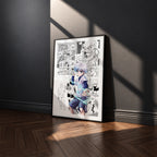 Killua Zoldyck manga poster inspired by Hunter x Hunter in a black frame against a charcoal gray wall