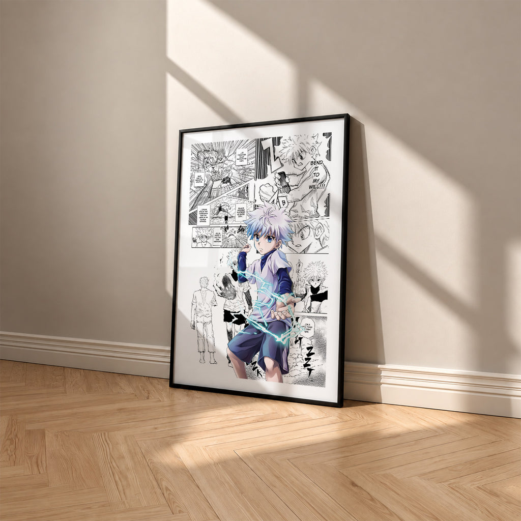 Killua Zoldyck manga poster inspired by Hunter x Hunter in a black frame against a warm beige wall