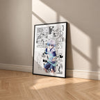Killua Zoldyck manga poster inspired by Hunter x Hunter in a black frame against a warm beige wall