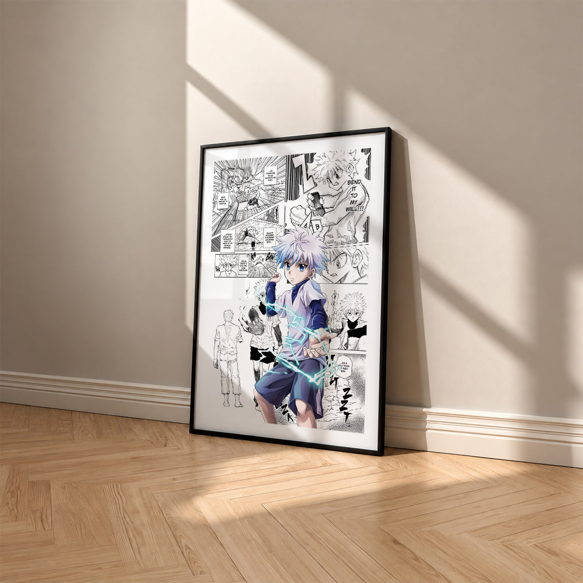 Killua Zoldyck manga poster inspired by Hunter x Hunter in a black frame against a warm beige wall