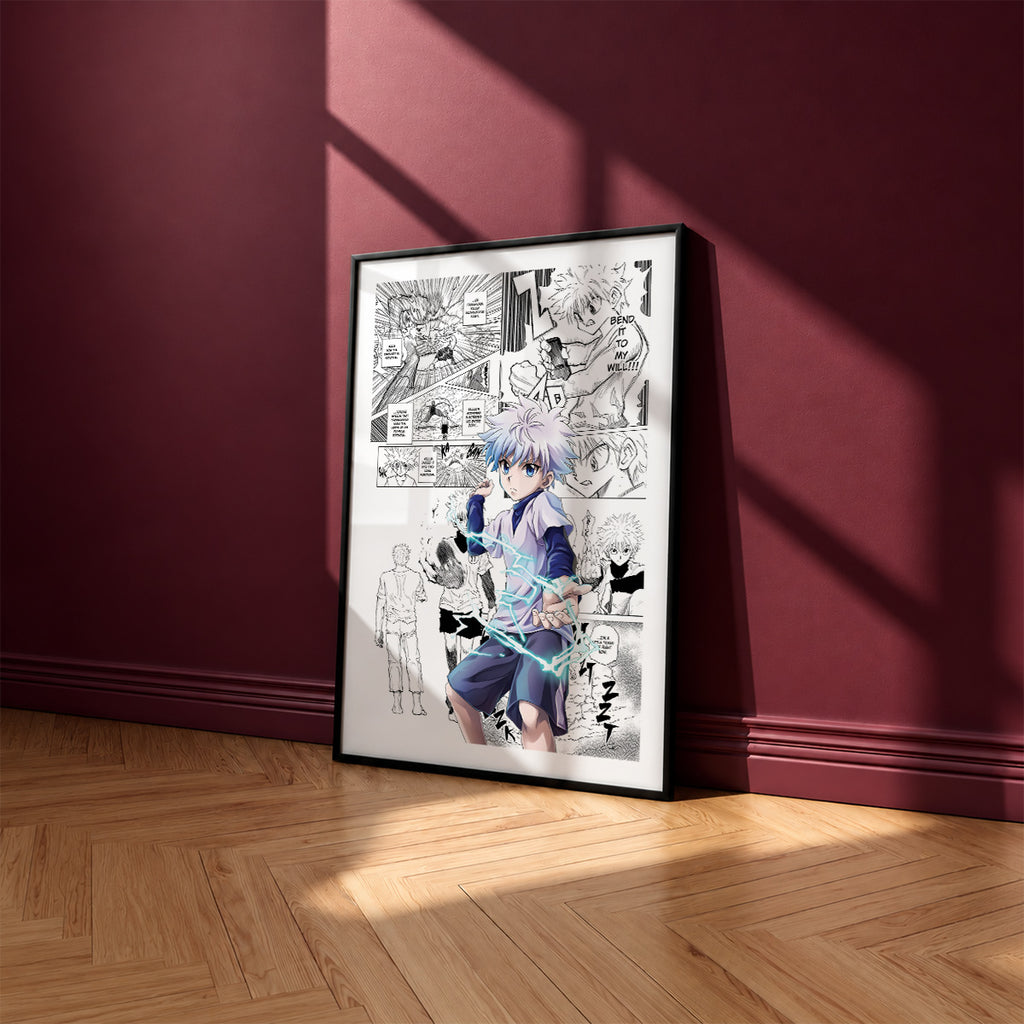Killua Zoldyck manga poster inspired by Hunter x Hunter in a black frame against a burgundy wall