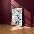 Killua Zoldyck manga poster inspired by Hunter x Hunter in a black frame against a burgundy wall