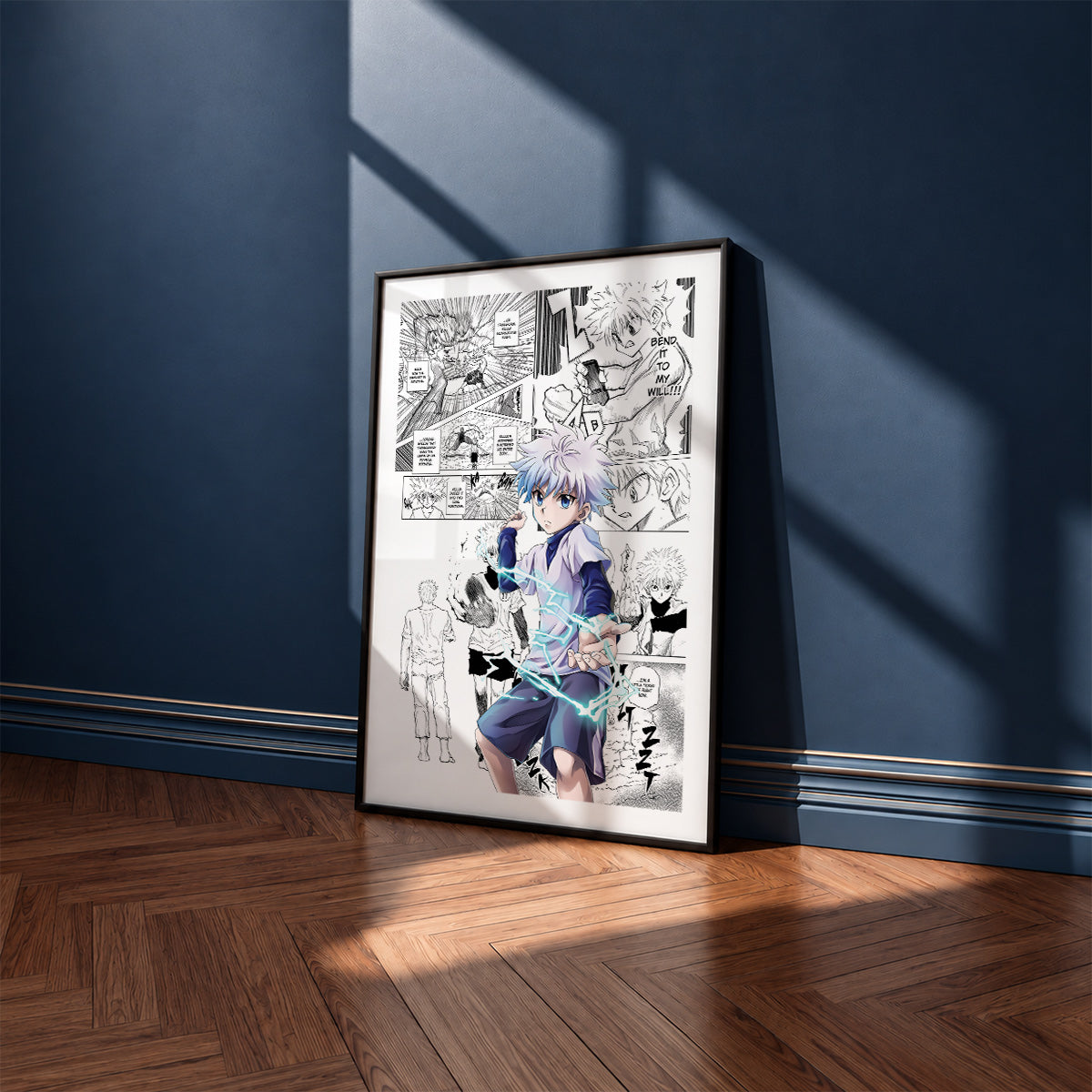 Killua Zoldyck manga poster inspired by Hunter x Hunter in a black frame against a navy blue wall
