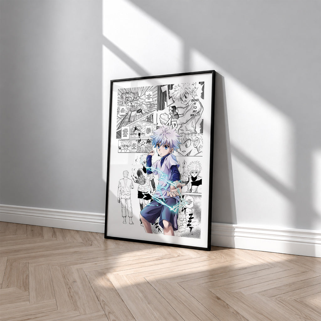 Killua Zoldyck manga poster inspired by Hunter x Hunter in a black frame against a light gray wall