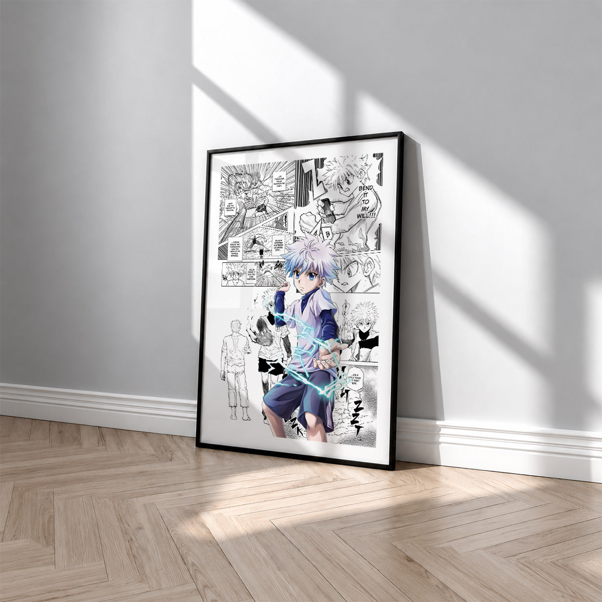 Killua Zoldyck manga poster inspired by Hunter x Hunter in a black frame against a light gray wall