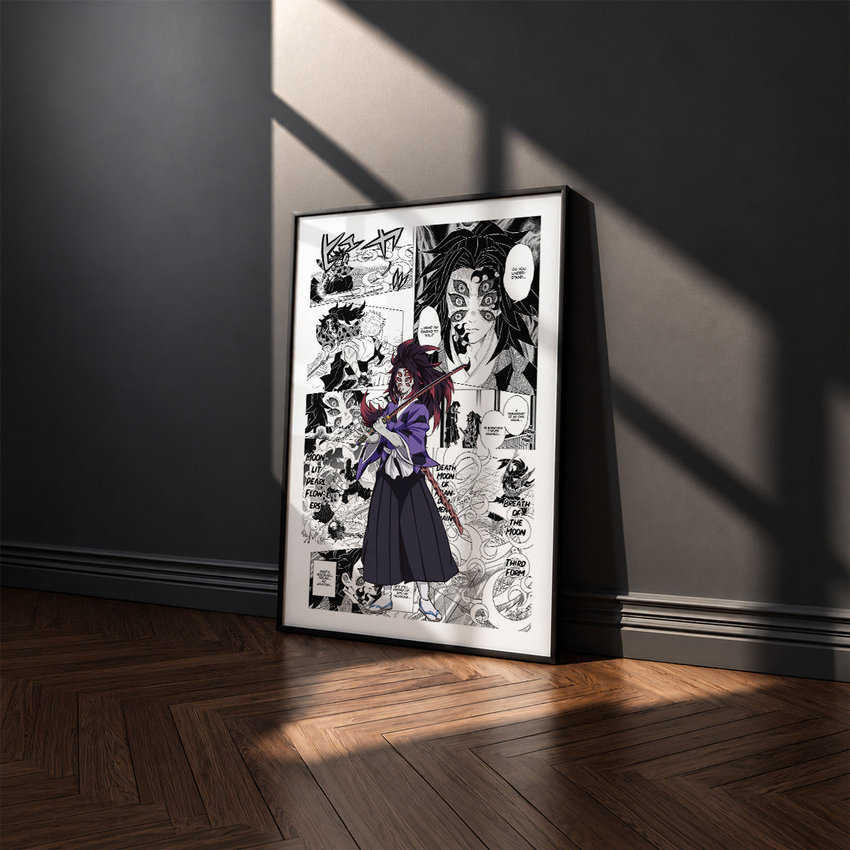Kokushibo manga poster inspired by Demon Slayer in a black frame against a charcoal gray wall