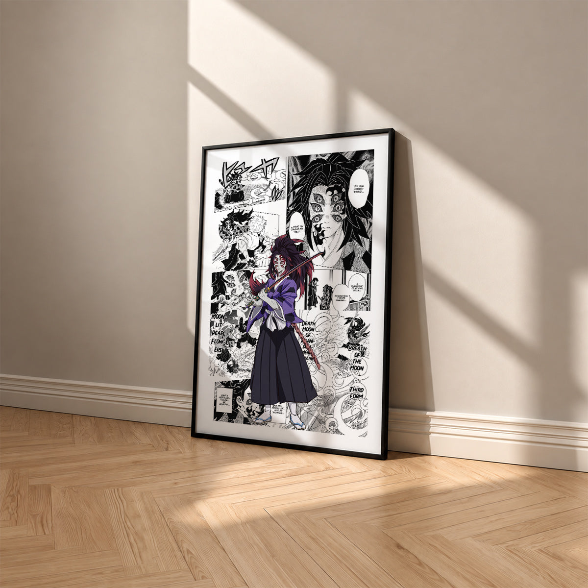 Kokushibo manga poster inspired by Demon Slayer in a black frame against a warm beige wall