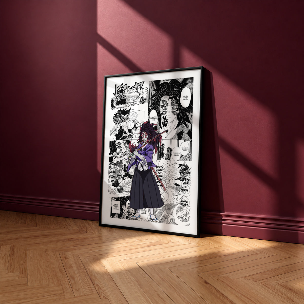 Kokushibo manga poster inspired by Demon Slayer in a black frame against a burgundy wall