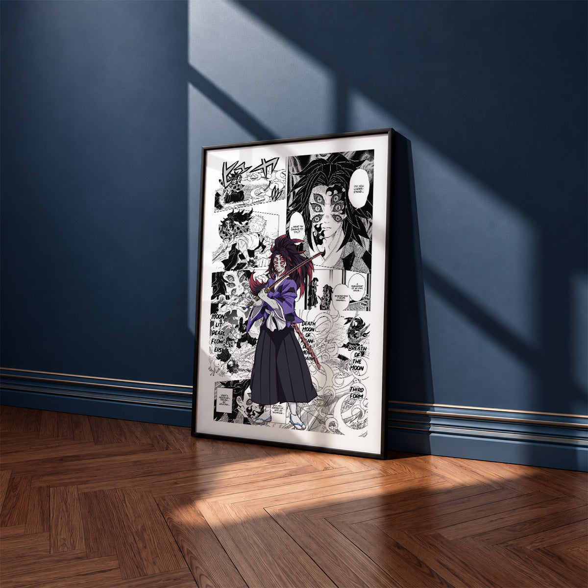 Kokushibo manga poster inspired by Demon Slayer in a black frame against a navy blue wall