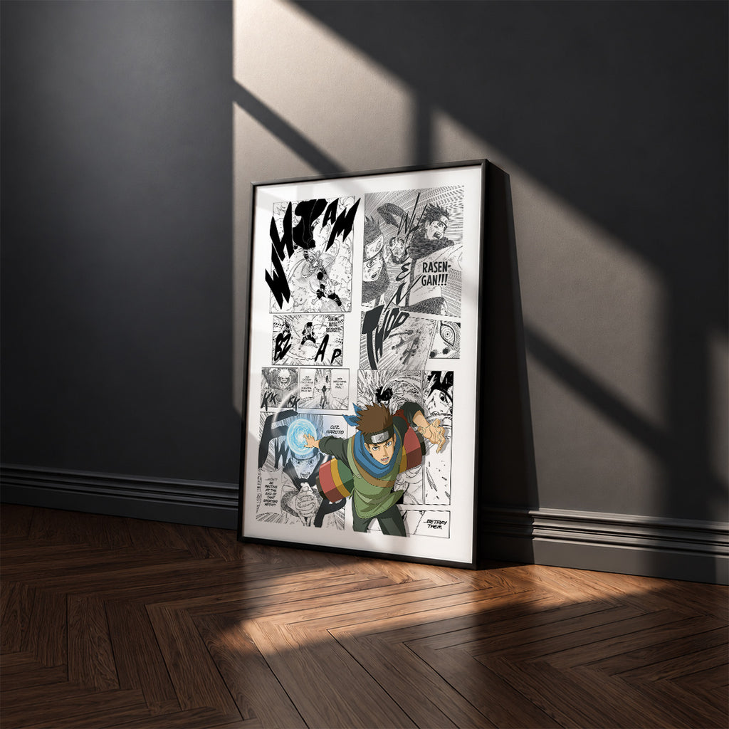 Konohamaru Sarutobi manga poster inspired by Naruto in a black frame against a charcoal gray wall