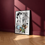 Konohamaru Sarutobi manga poster inspired by Naruto in a black frame against a burgundy wall