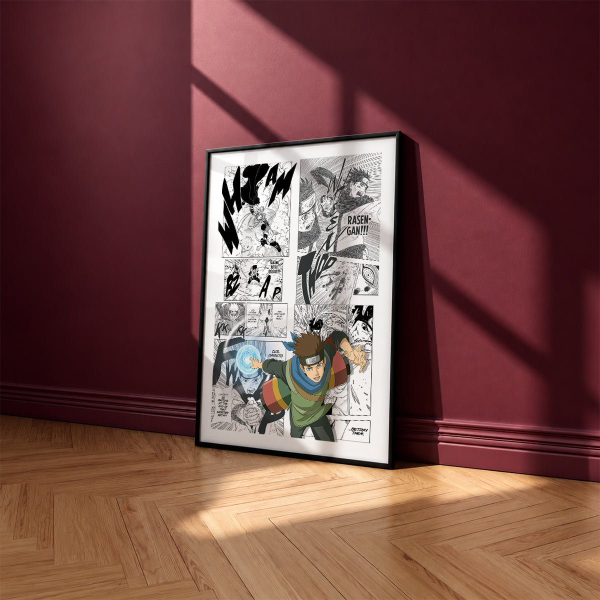 Konohamaru Sarutobi manga poster inspired by Naruto in a black frame against a burgundy wall