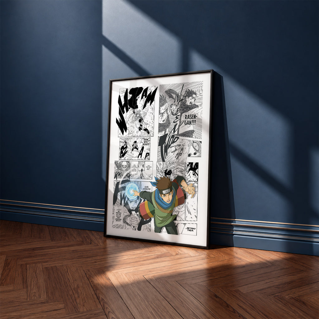Konohamaru Sarutobi manga poster inspired by Naruto in a black frame against a navy blue wall