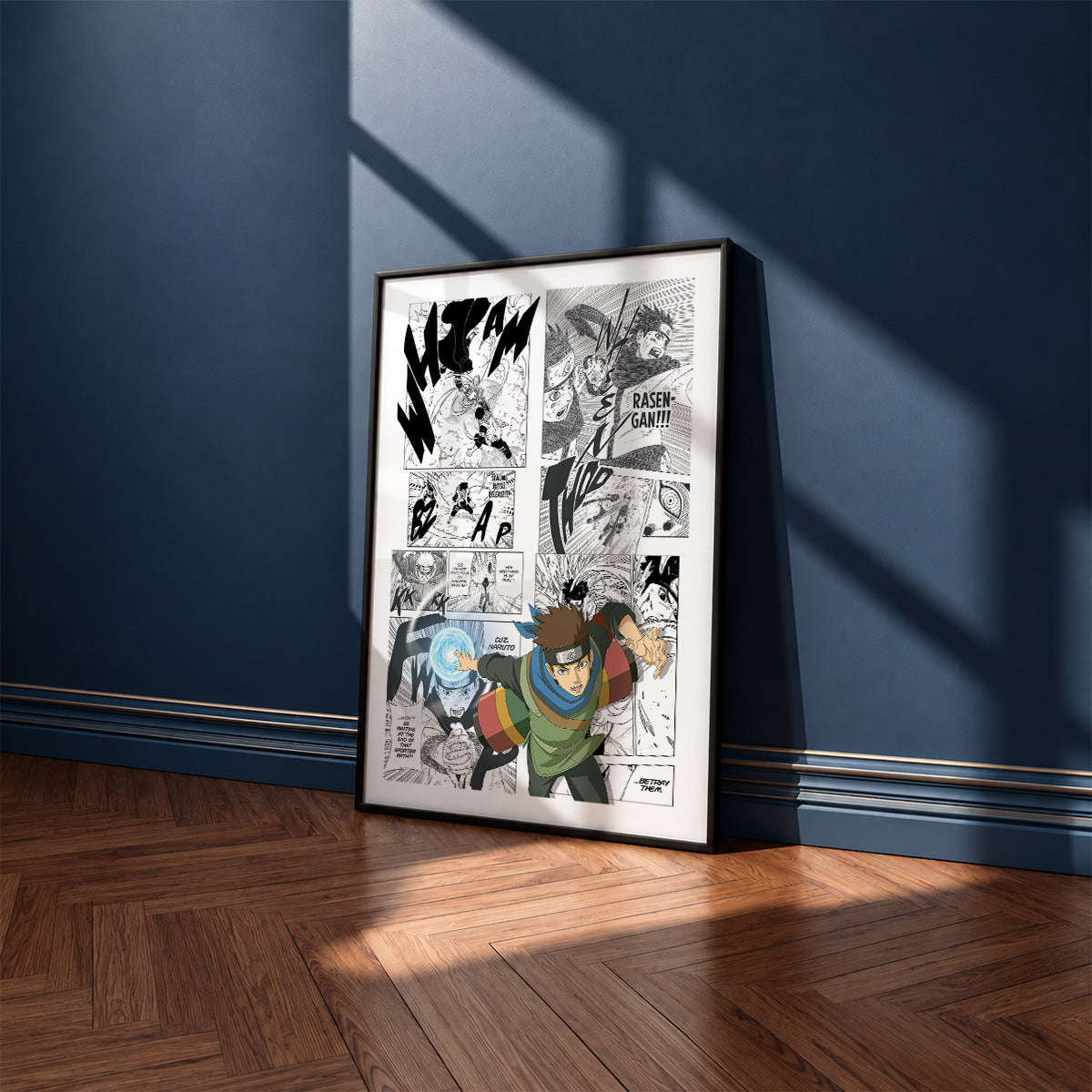 Konohamaru Sarutobi manga poster inspired by Naruto in a black frame against a navy blue wall