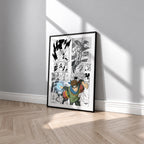 Konohamaru Sarutobi manga poster inspired by Naruto in a black frame against a light gray wall