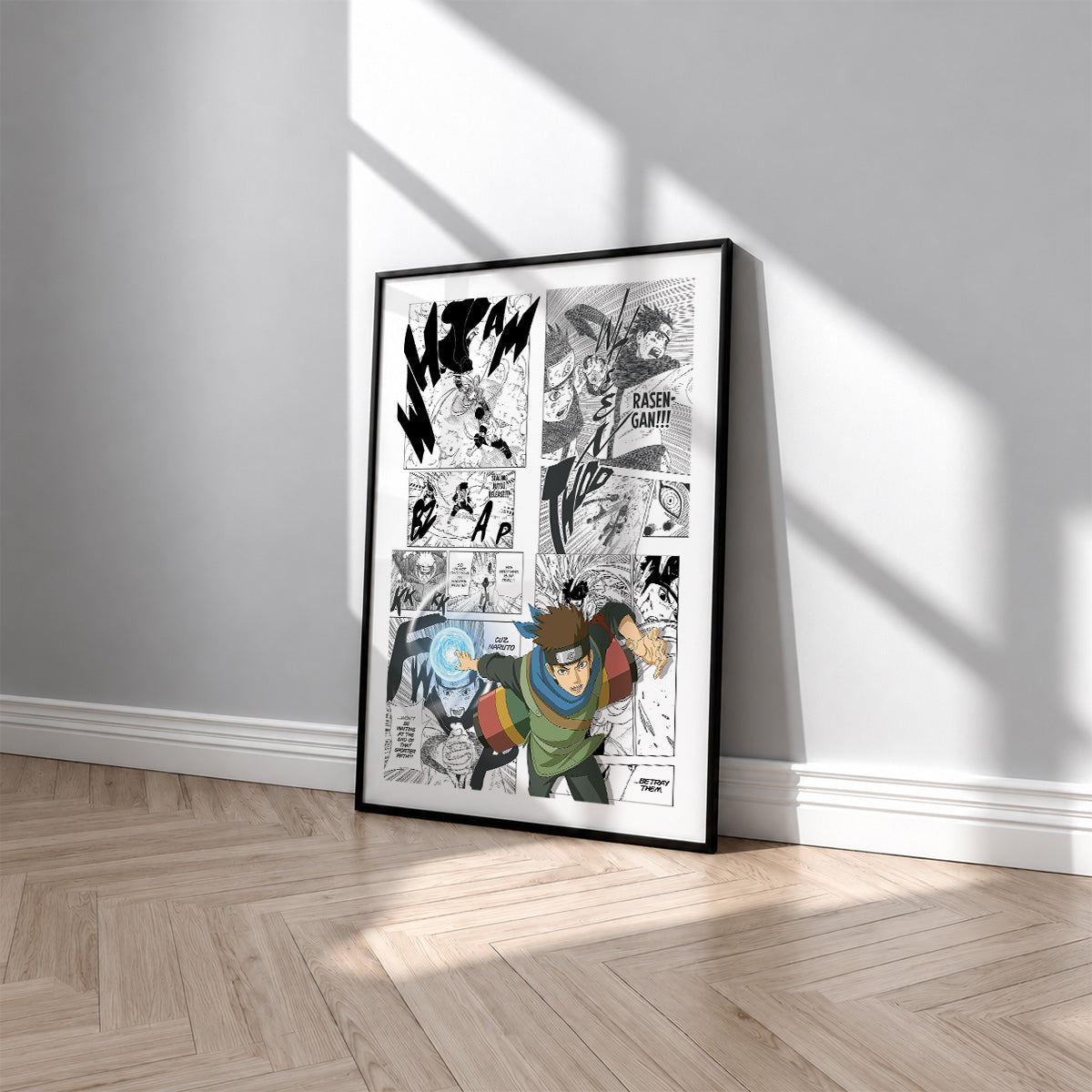 Konohamaru Sarutobi manga poster inspired by Naruto in a black frame against a light gray wall